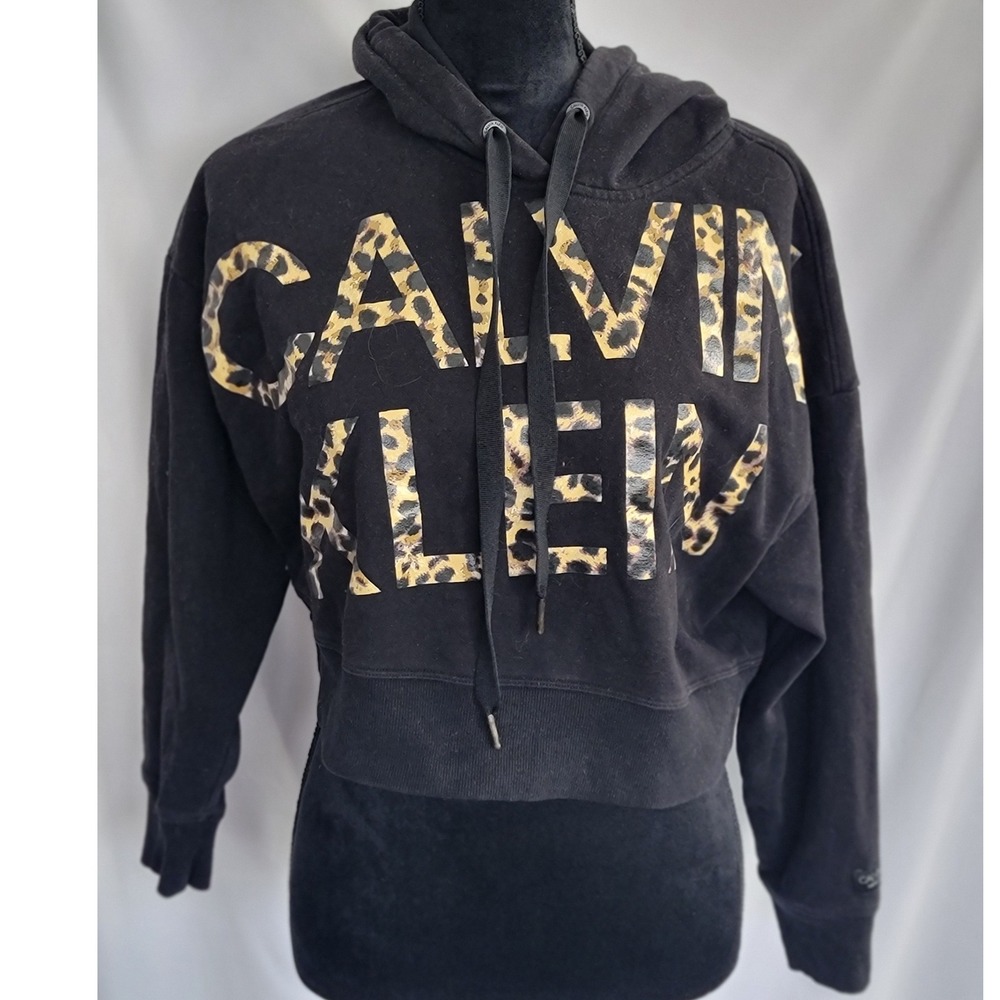 Calvin Klein Performance Black Leopard Logo Cropped Hoodie Sweatshirt Womens‎